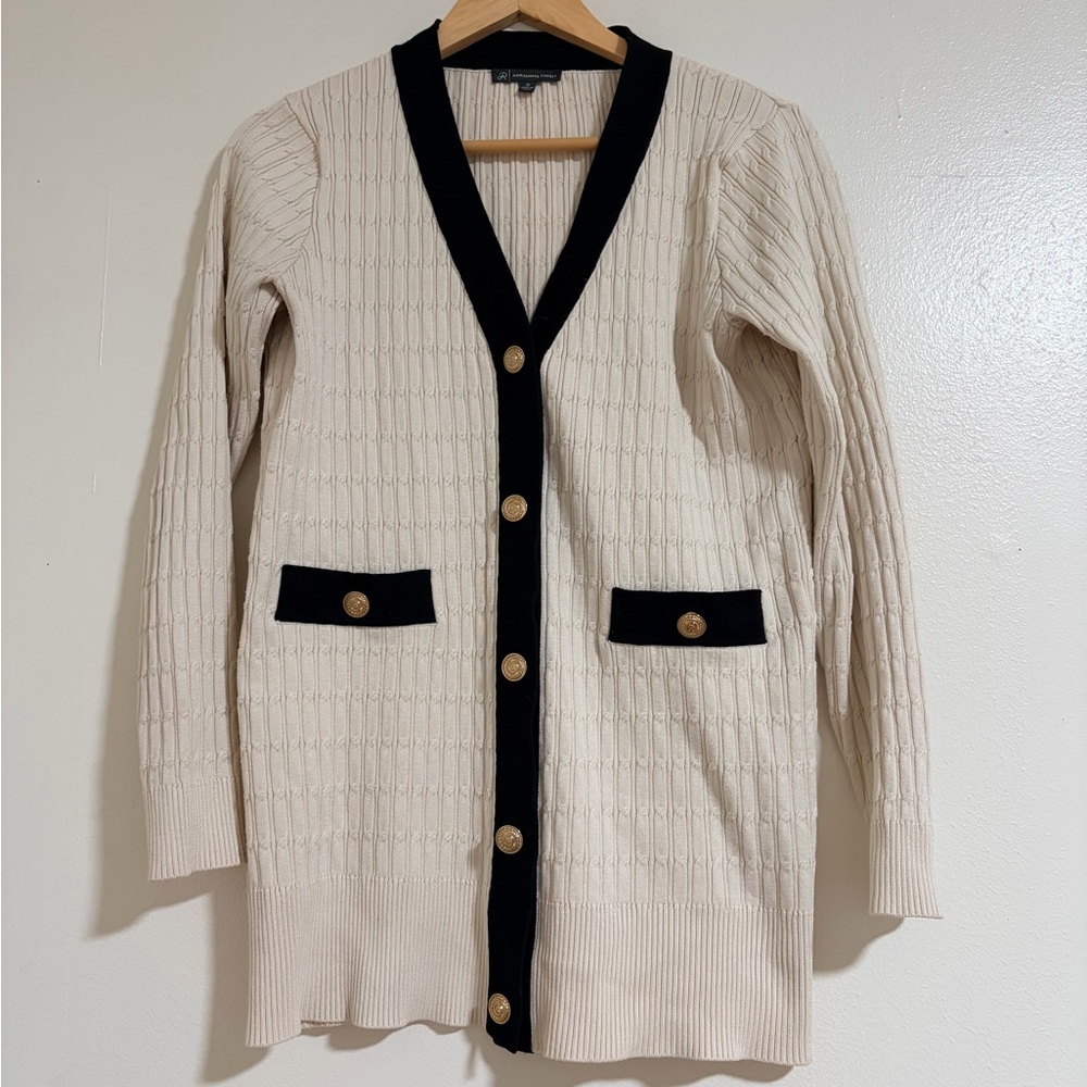 Adrianna Papell Cream Cardigan with Black Trim and Gold Buttons - Picture 2 of 7